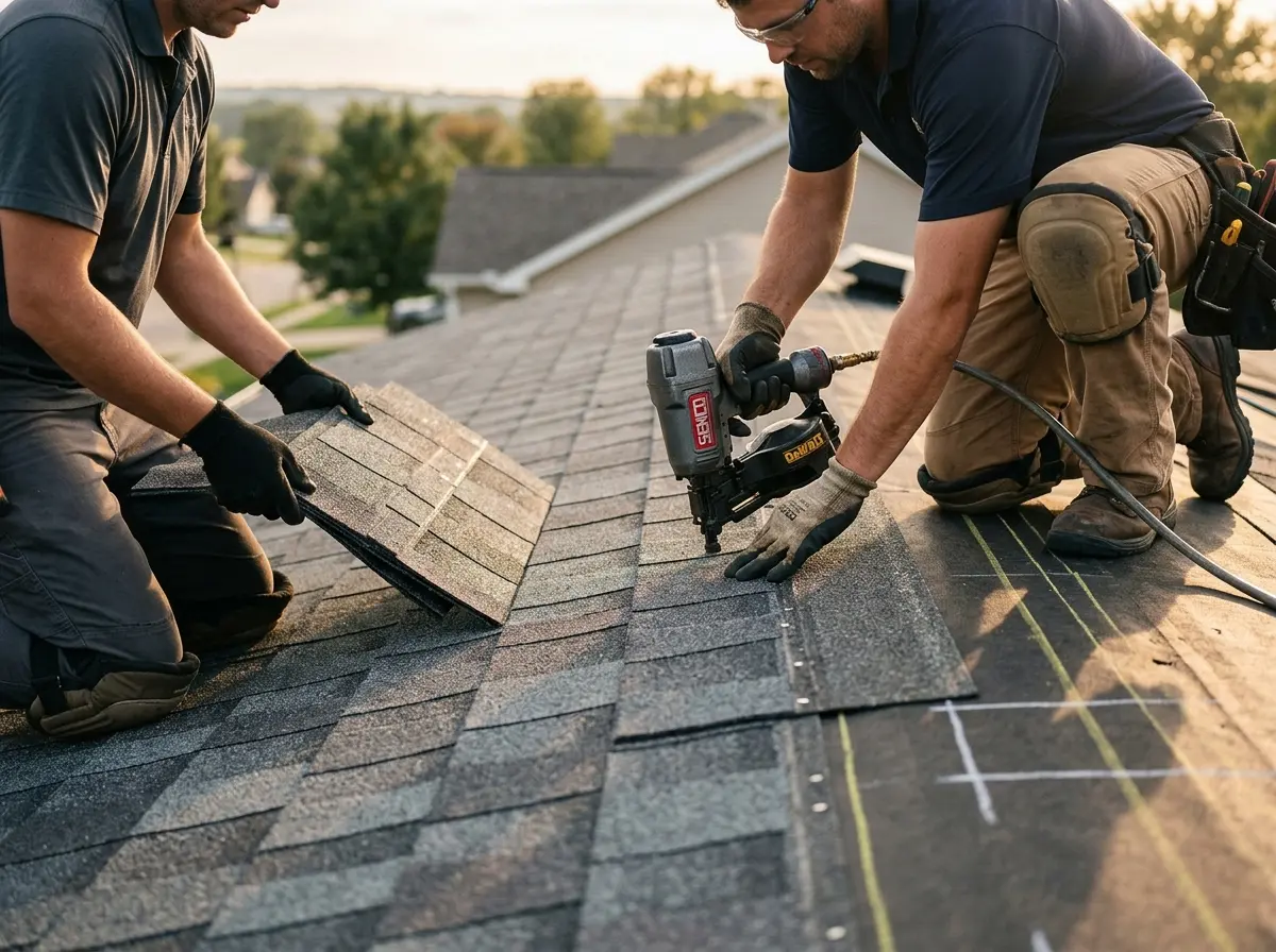 Professional roofer working on a residential roof in Dickson